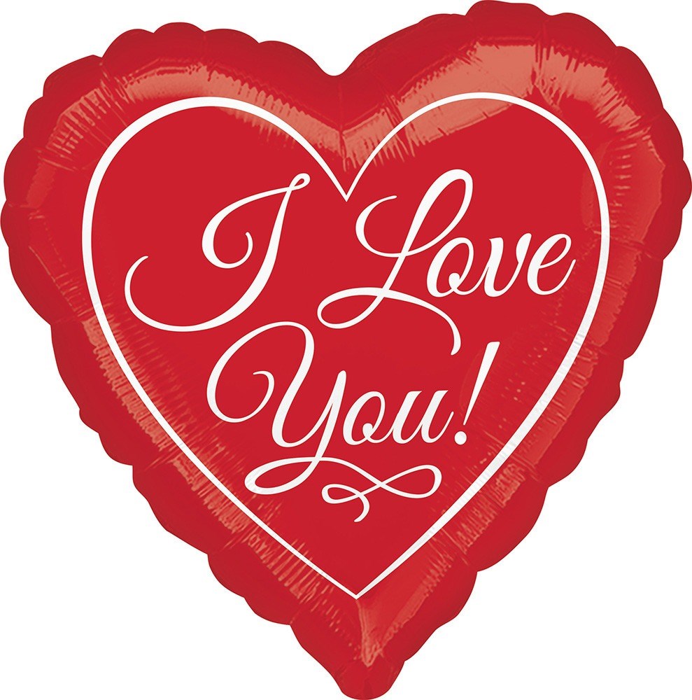 Red heart-shaped foil balloon with white cursive "I Love You!" text and decorative swirls.