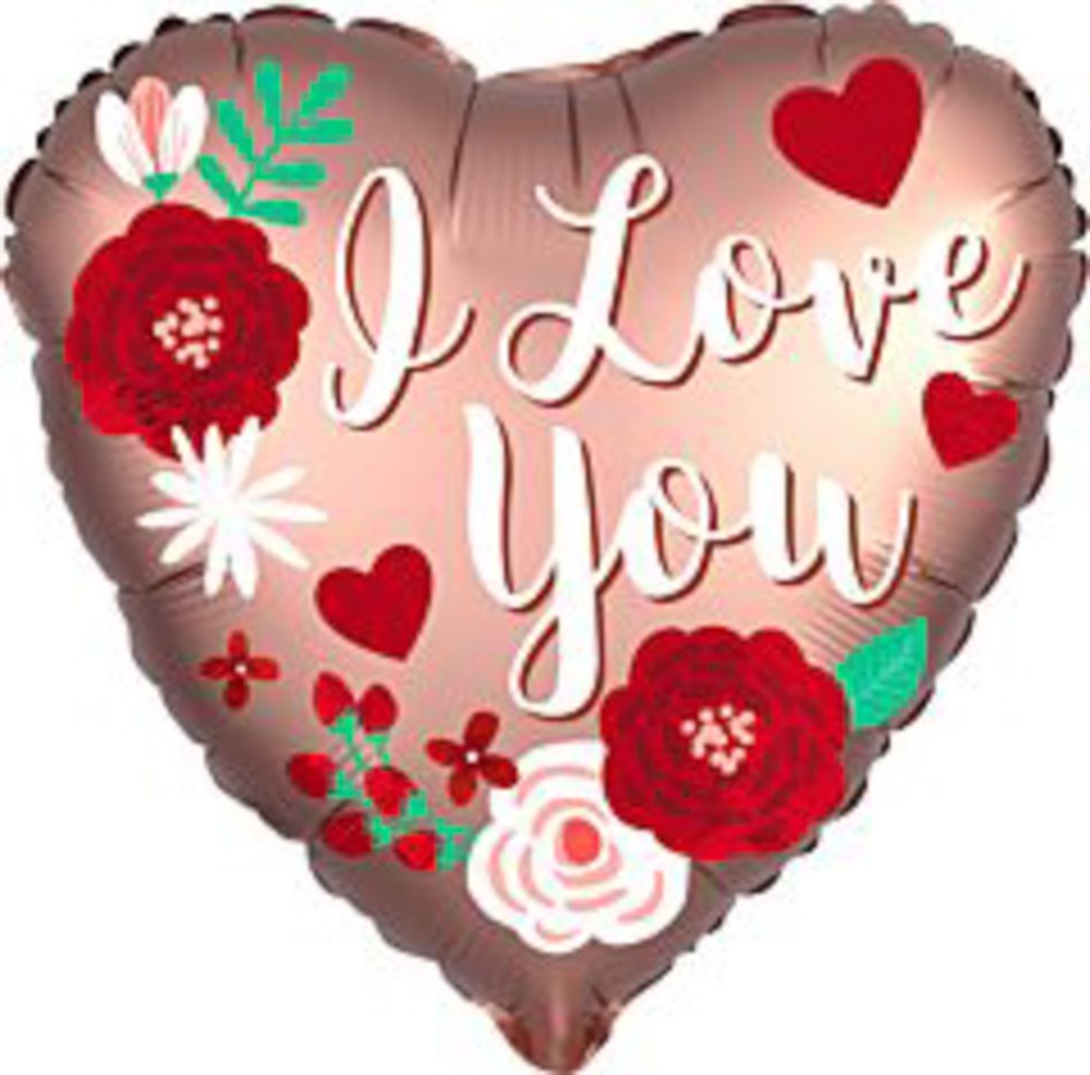Heart-shaped rose copper foil balloon with white "I Love You" text and red, white, and green floral accents.