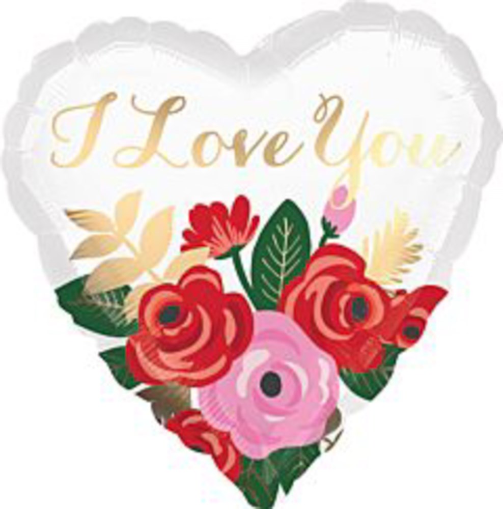 White heart-shaped foil balloon with gold "I Love You" lettering and red and pink rose bouquet design.