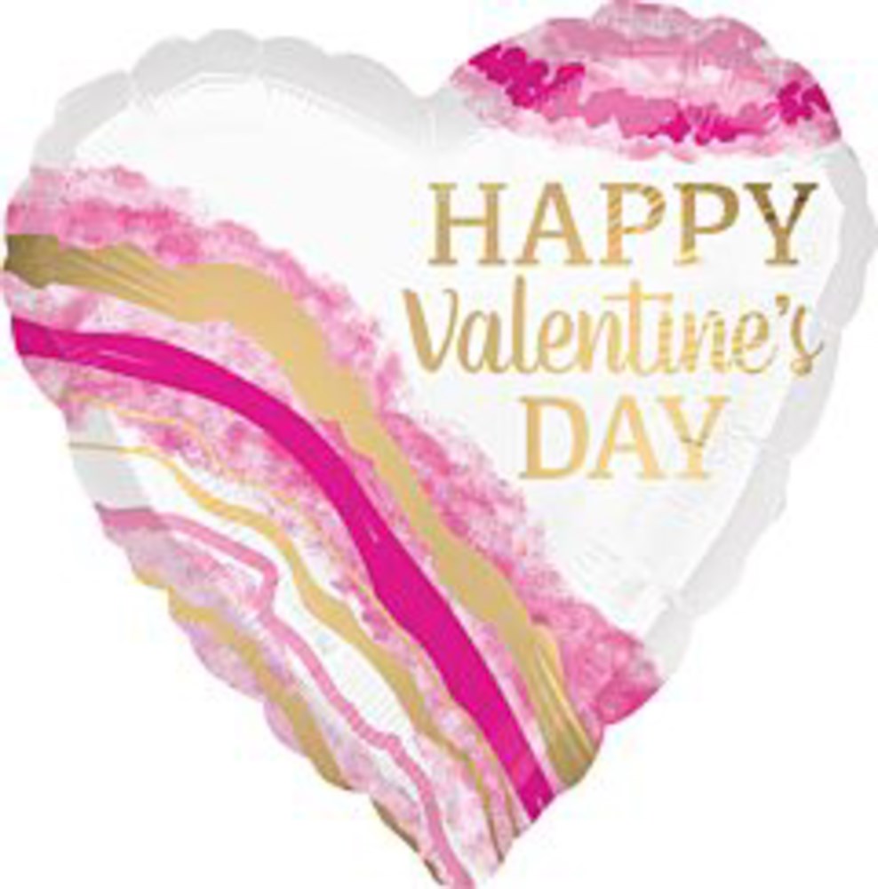 Heart-shaped foil balloon with pink and gold watercolor geode patterns and "Happy Valentine's Day" in gold lettering.
