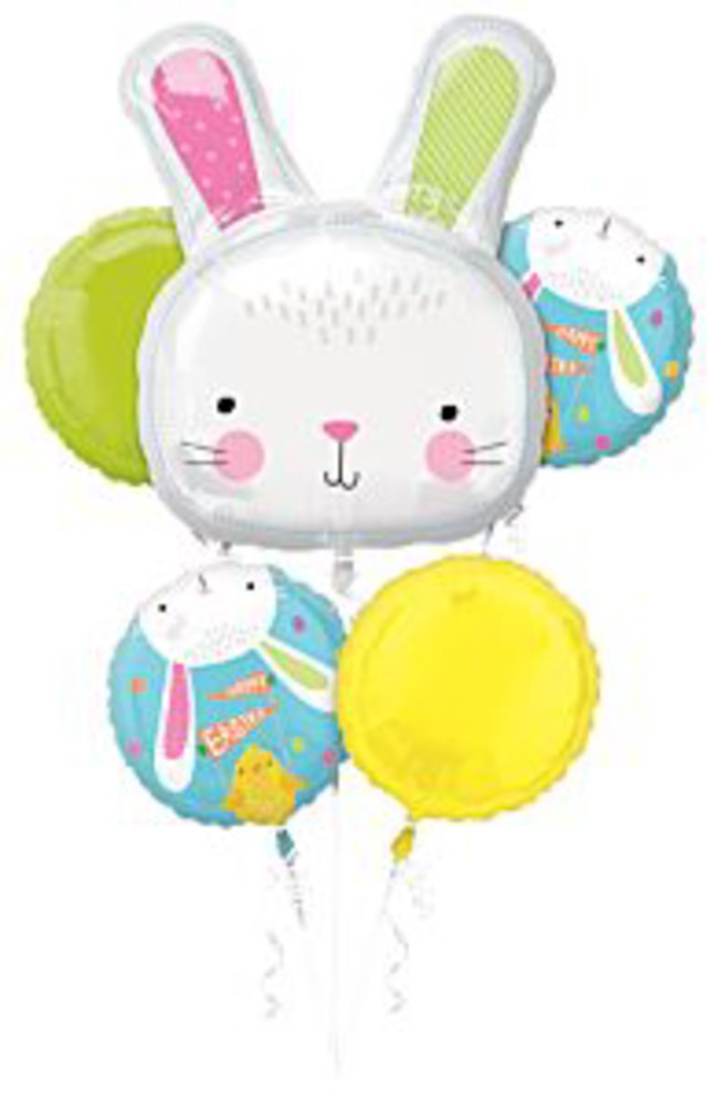 White bunny-shaped foil balloon with pink and green ears, two round blue balloons featuring a white bunny holding colorful.