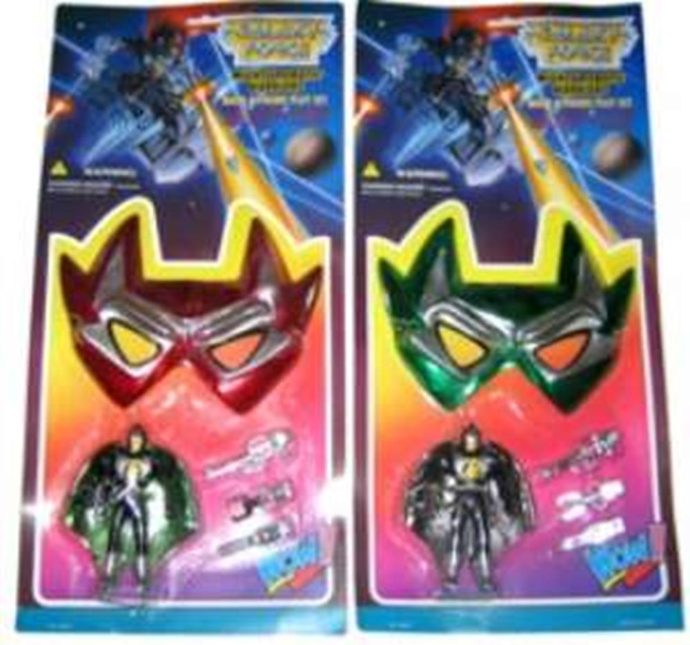 Two toy sets each with a glossy plastic superhero mask—one red and yellow, the other green and yellow—plus a black and.