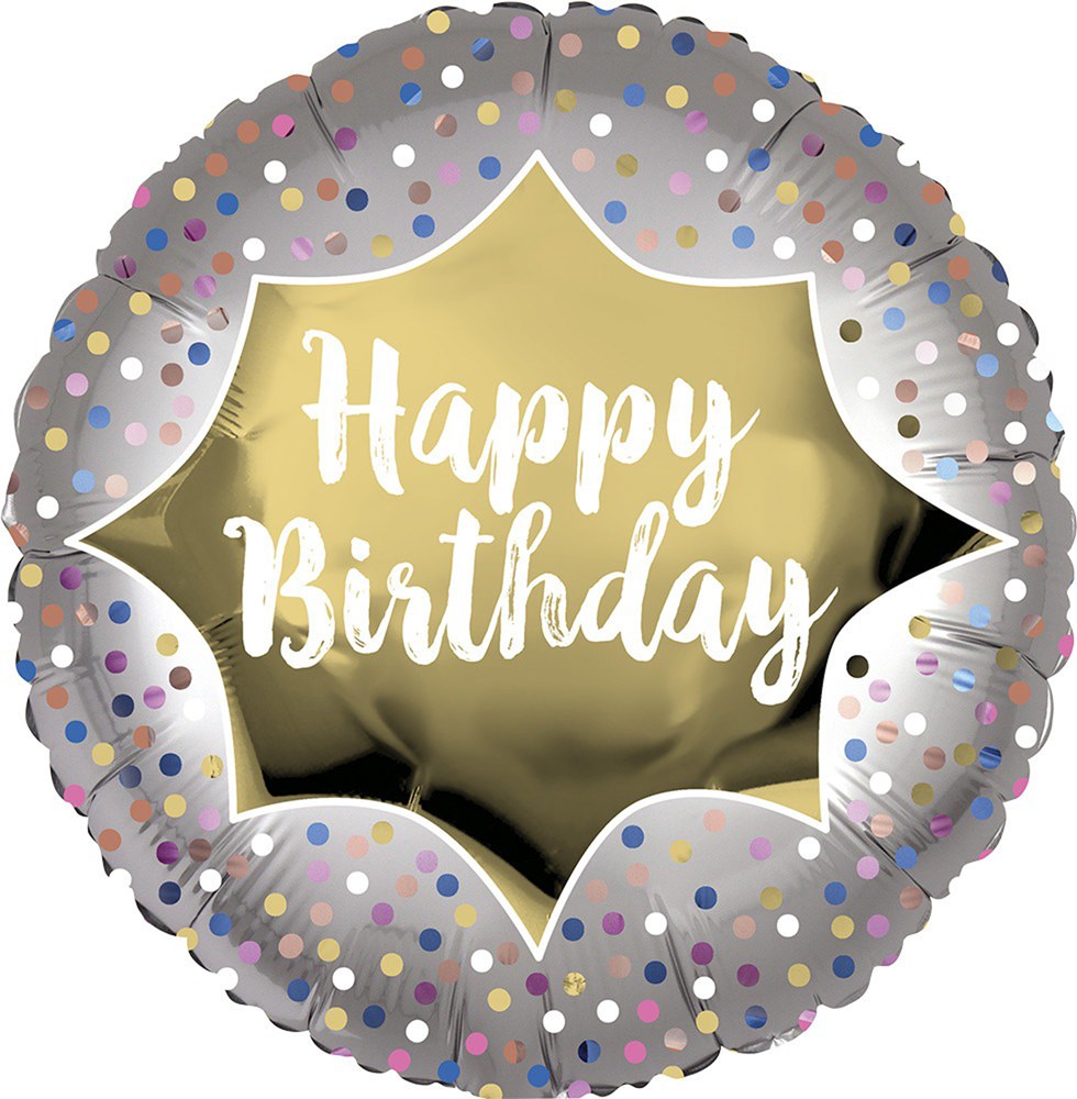 18-inch round mylar balloon with satin gold center and white "Happy Birthday" text, surrounded by silver border with.