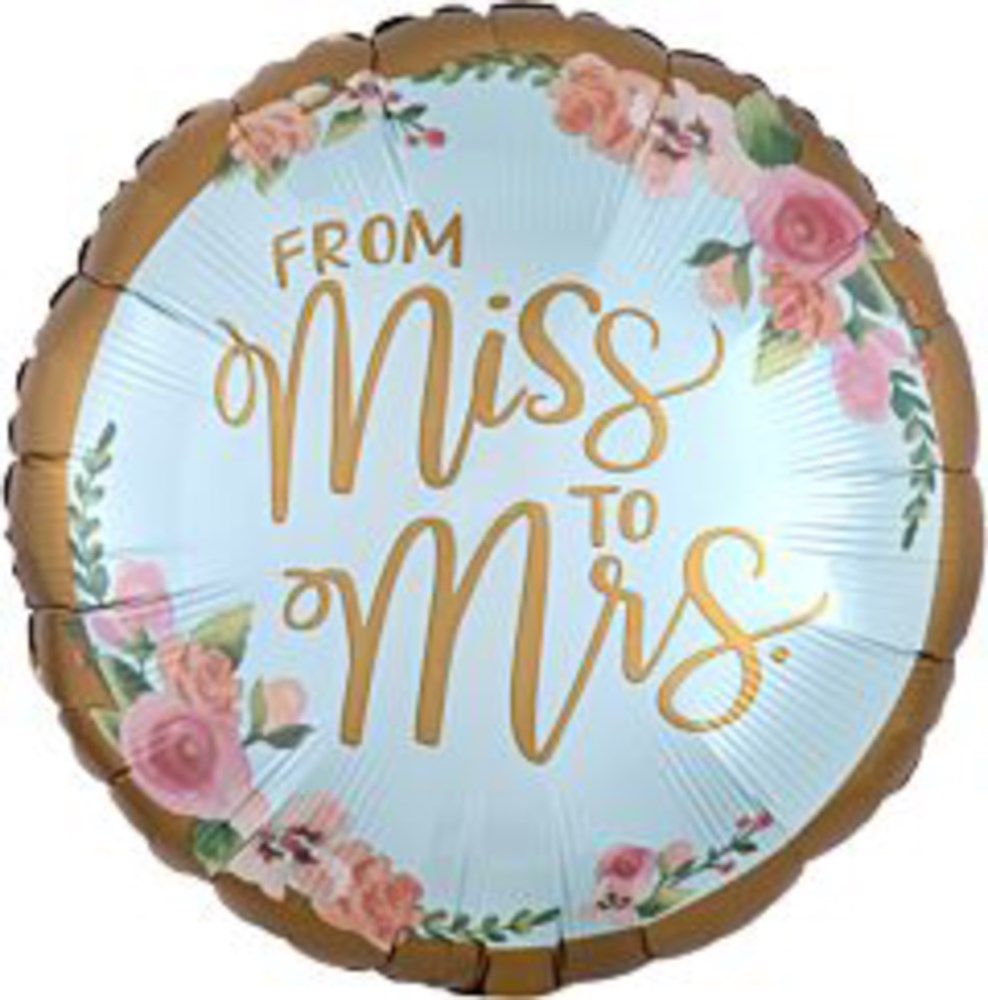 Round foil balloon with pale blue background, gold border, floral accents, and "From Miss to Mrs" in gold script.