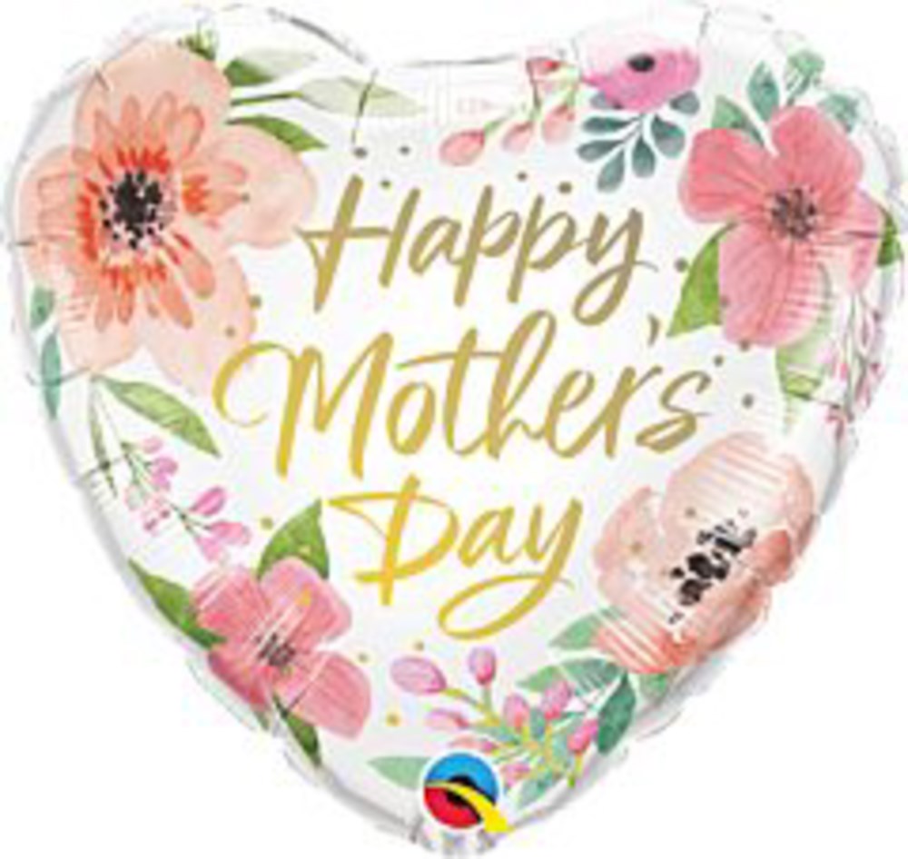 Heart-shaped white foil balloon with pink and orange floral designs and gold "Happy Mother's Day" text.