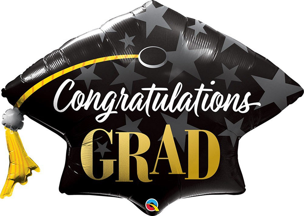Black graduation cap foil balloon with gold tassel, white "Congratulations," and gold "GRAD" text with star accents.