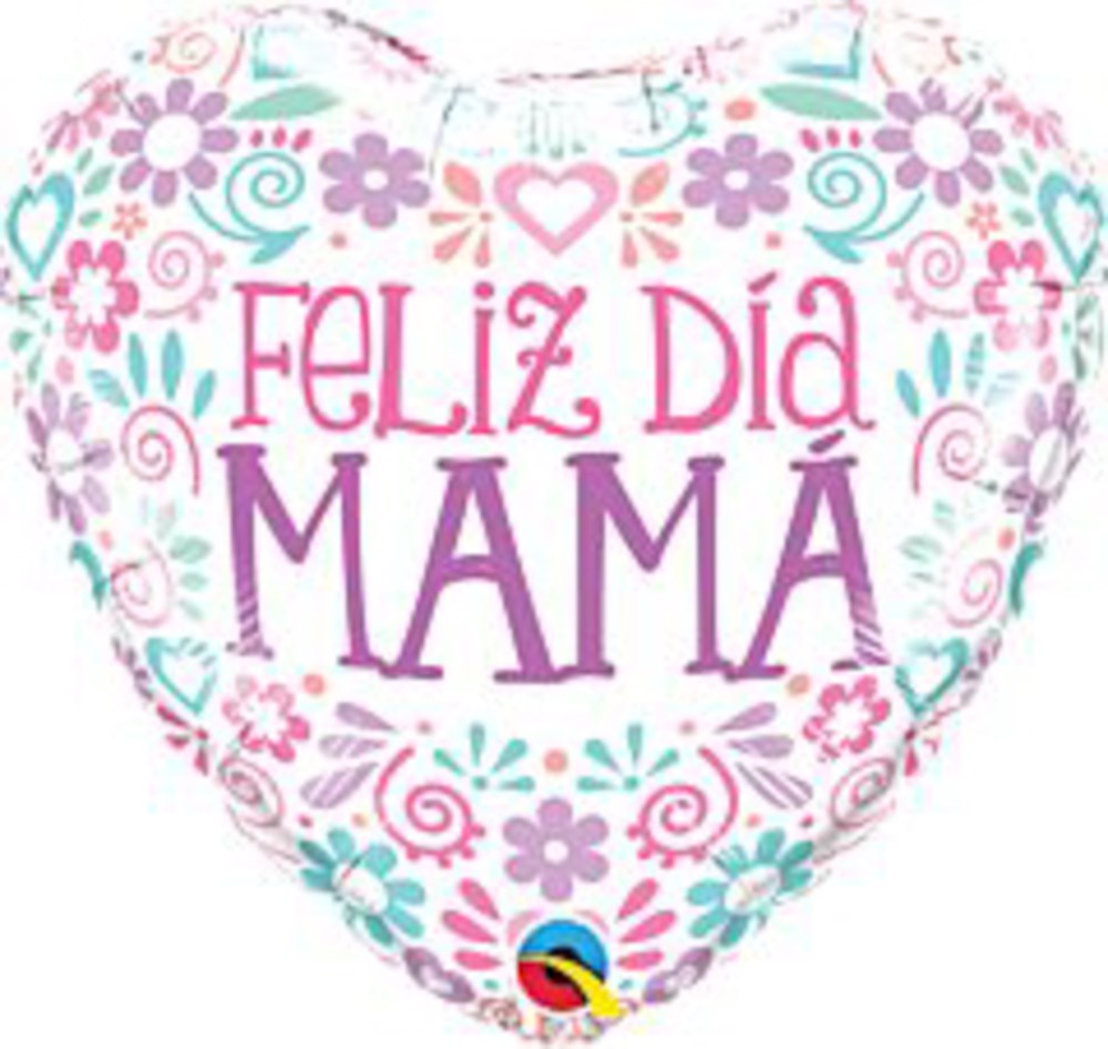 Heart-shaped foil balloon with pastel floral patterns and "Feliz Día Mamá" text in pink and purple.