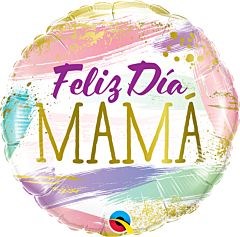 Round foil balloon with pastel pink, blue, purple, and green brushstroke background, gold accents, and text "Feliz Día MAMÁ"