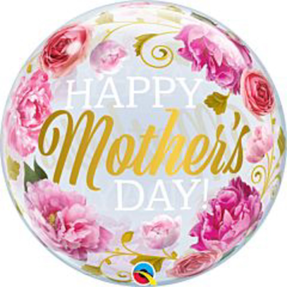 22-inch round foil balloon with pink peonies and gold "Happy Mother's Day" text on white background.
