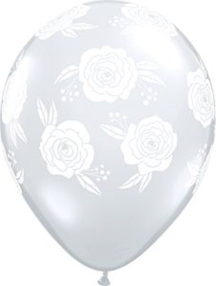 White 11-inch latex balloon with glossy finish featuring white rose and leaf patterns.