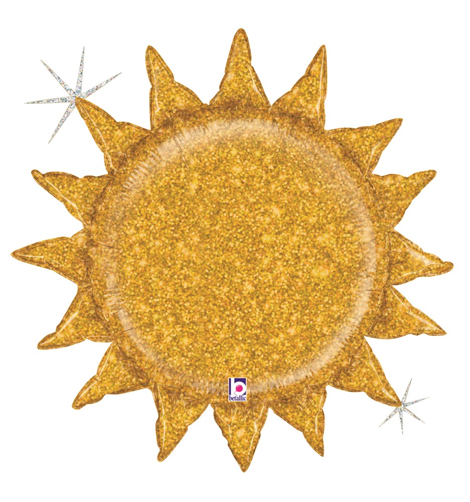 24-inch gold glitter holographic sun-shaped foil balloon with pointed rays.