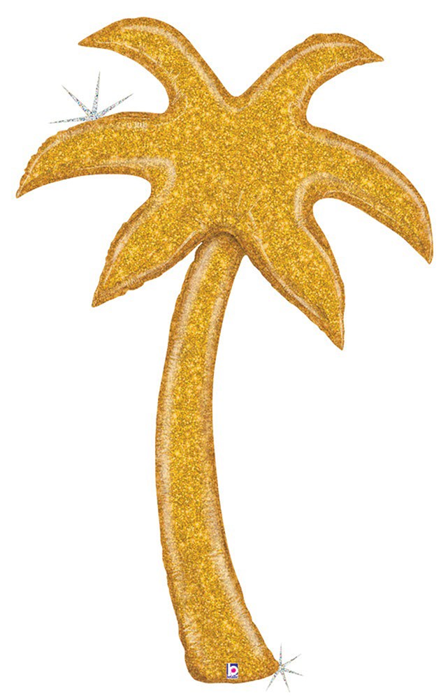 Gold glitter foil balloon shaped like a five-foot tall palm tree with curved trunk and stylized leaves.