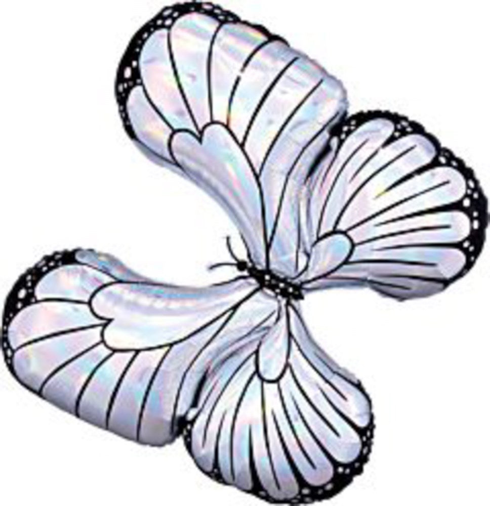30-inch iridescent holographic foil butterfly balloon with black outline and detailed wing patterns.