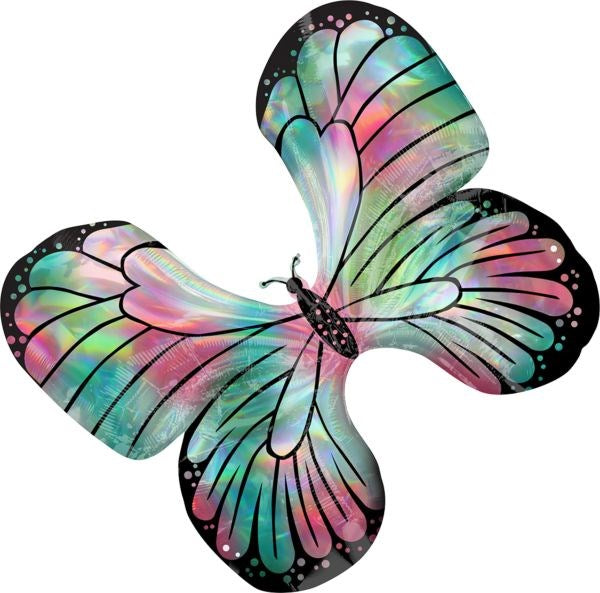 Iridescent foil butterfly balloon in teal, pink, and black with detailed wing patterns and a 30-inch span.