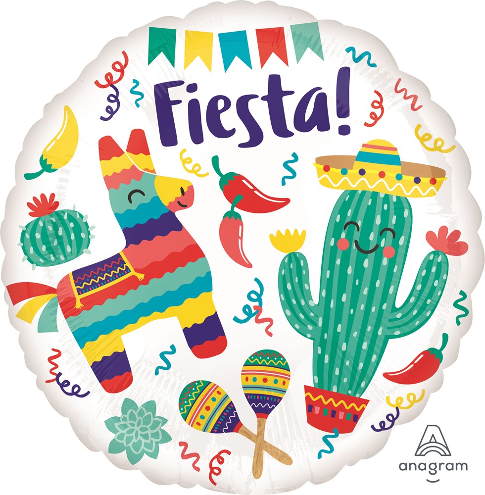 Round white foil balloon with colorful festive designs including a striped piñata, smiling cactus wearing a sombrero, chili.
