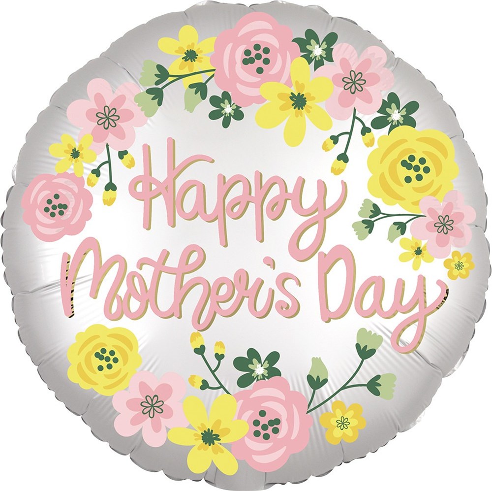 Round white foil balloon with pink "Happy Mother's Day" script and yellow, pink, and green floral accents.
