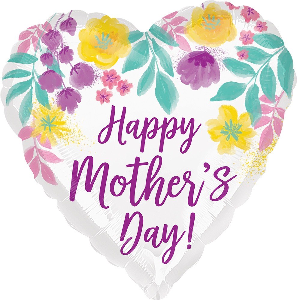 Heart-shaped foil balloon with watercolor-style yellow and purple flowers and green leaves, featuring "Happy Mother's Day!".