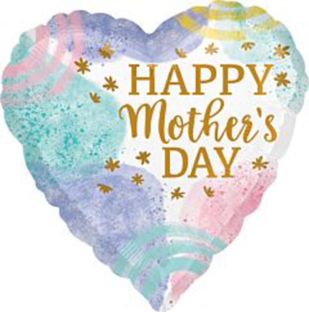 Heart-shaped foil balloon with pastel watercolor swirls in pink, purple, and green, featuring gold "Happy Mother's Day" text