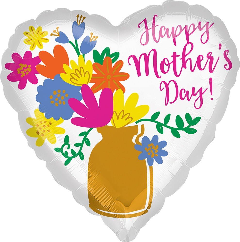 Heart-shaped foil balloon with colorful flowers in a gold vase and pink "Happy Mother's Day!" text.