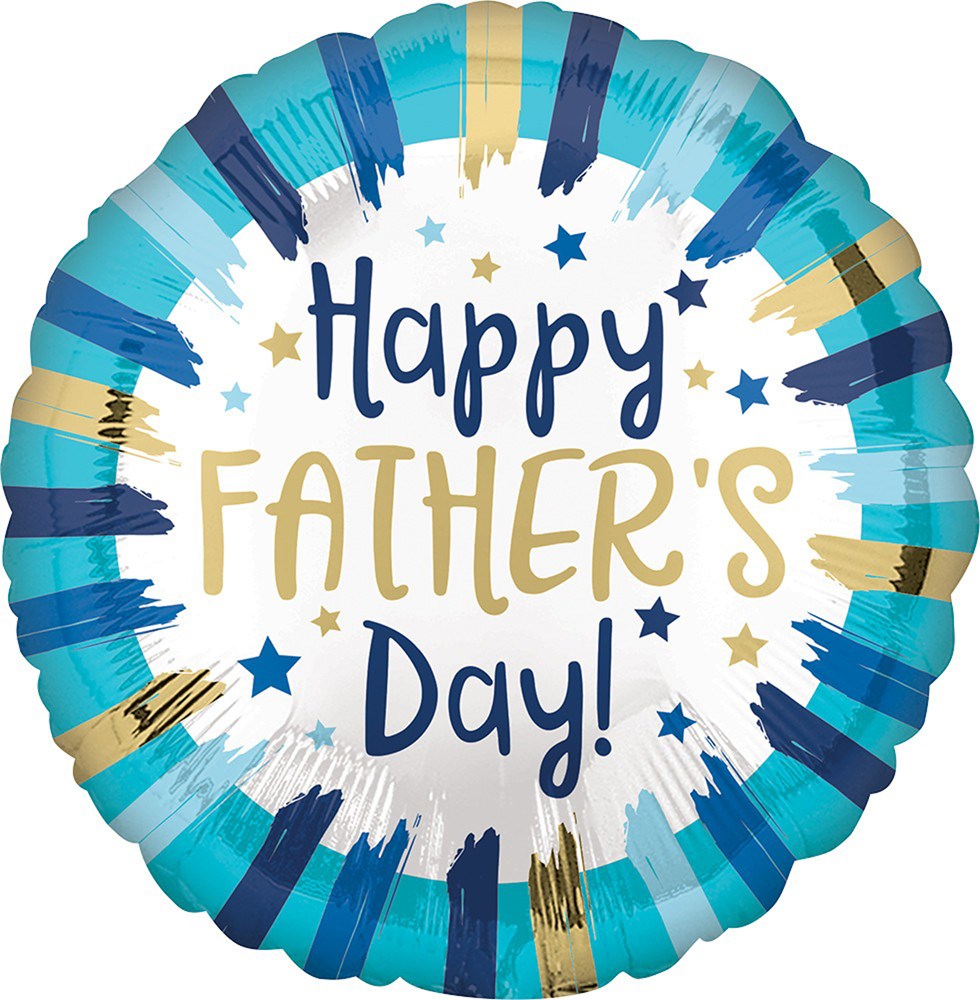 Round foil balloon with blue, teal, and gold painted stripes and "Happy Father's Day!" text in blue and gold.
