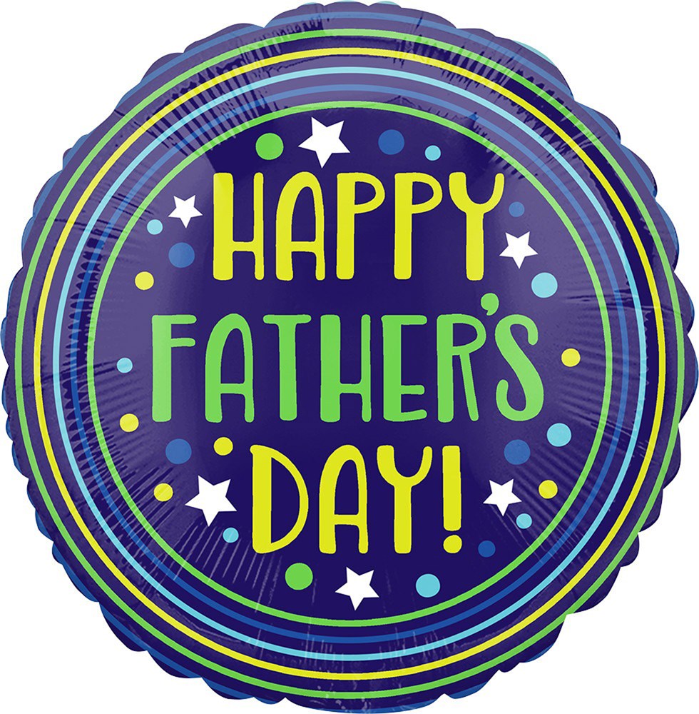 Round dark blue foil balloon with concentric green, yellow, and blue rings and "Happy Father's Day!" in bright yellow and.
