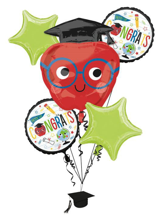 Red apple foil balloon with glasses and a black graduation cap, two round "Congrats" balloons with colorful confetti.