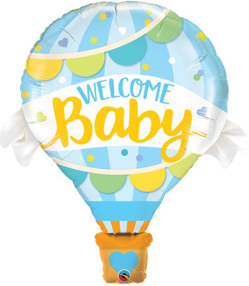 Blue and white foil hot air balloon-shaped balloon with "Welcome Baby" text and colorful decorative patterns.