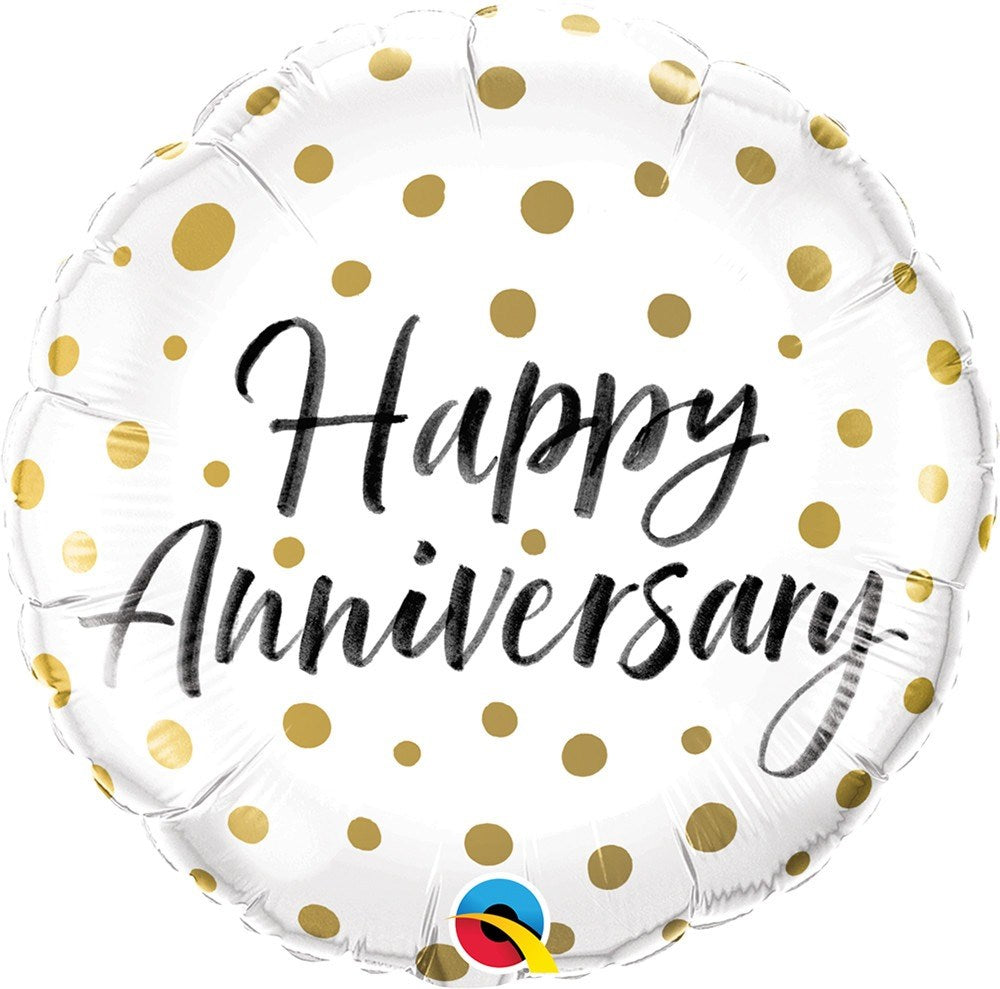 18-inch round white foil balloon with gold polka dots and "Happy Anniversary" in black script.