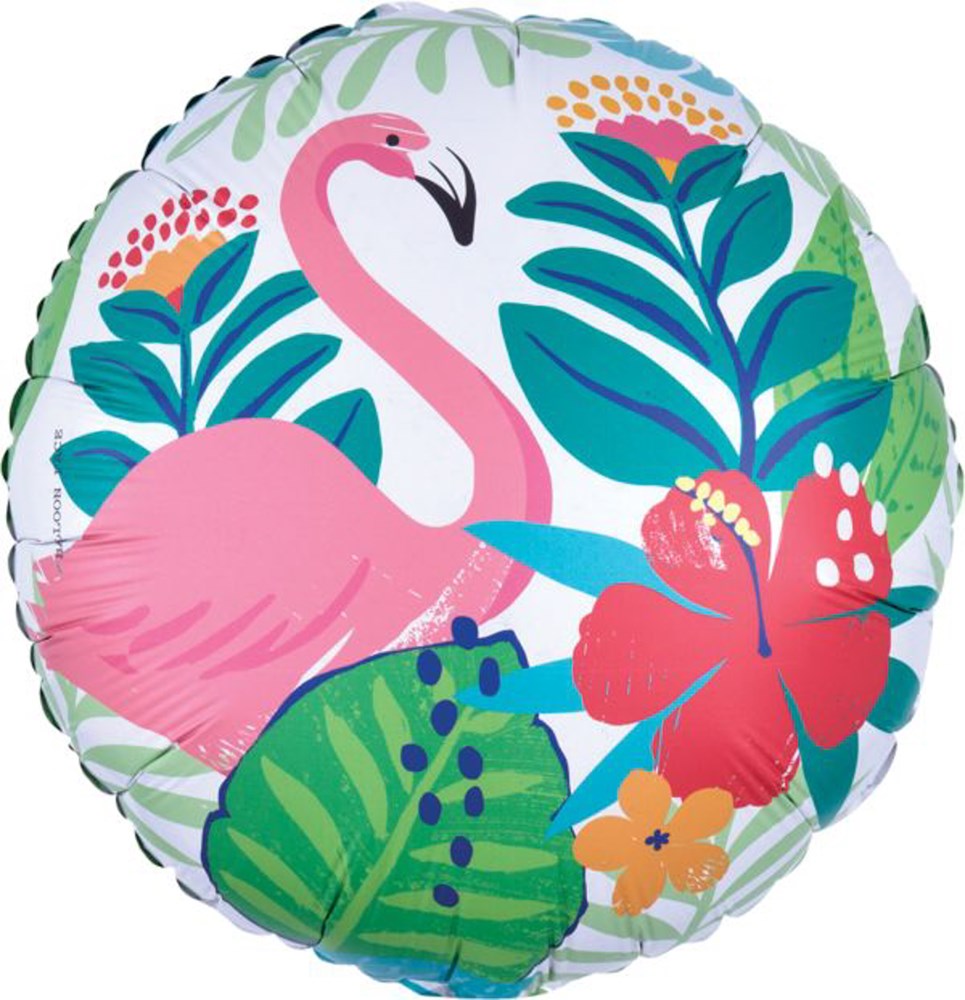 Round foil balloon with pink flamingo and colorful tropical leaves and flowers on white background.