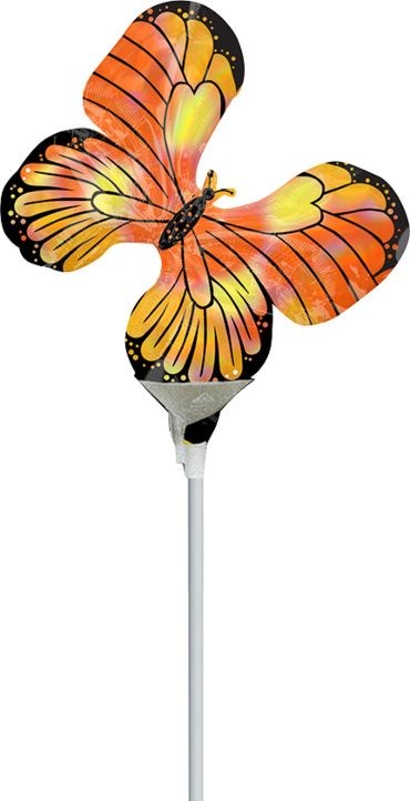Holographic foil balloon shaped like a monarch butterfly with orange, black, and white wings and a 14-inch flat design.