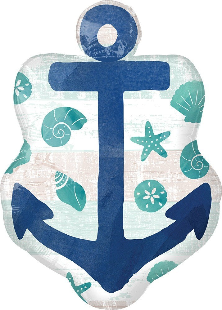 Foil balloon shaped like an anchor with navy blue anchor and teal seashell patterns on white background.