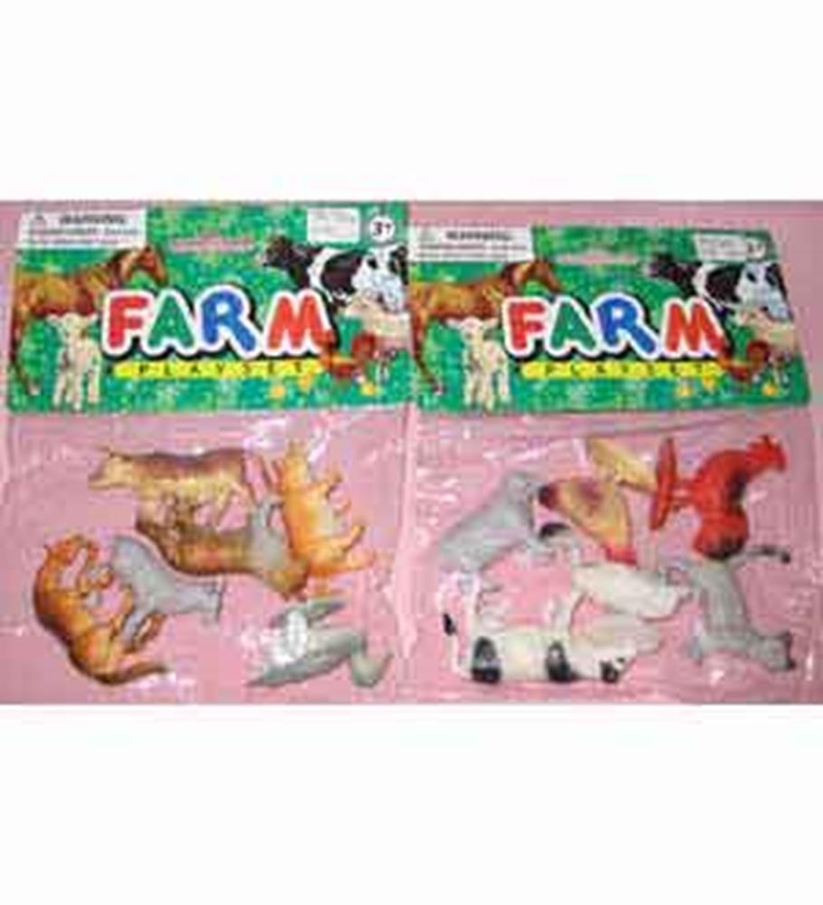 Set of six colorful plastic farm animal figurines including horse, cow, pig, chicken, goat, and duck, packaged in clear bags