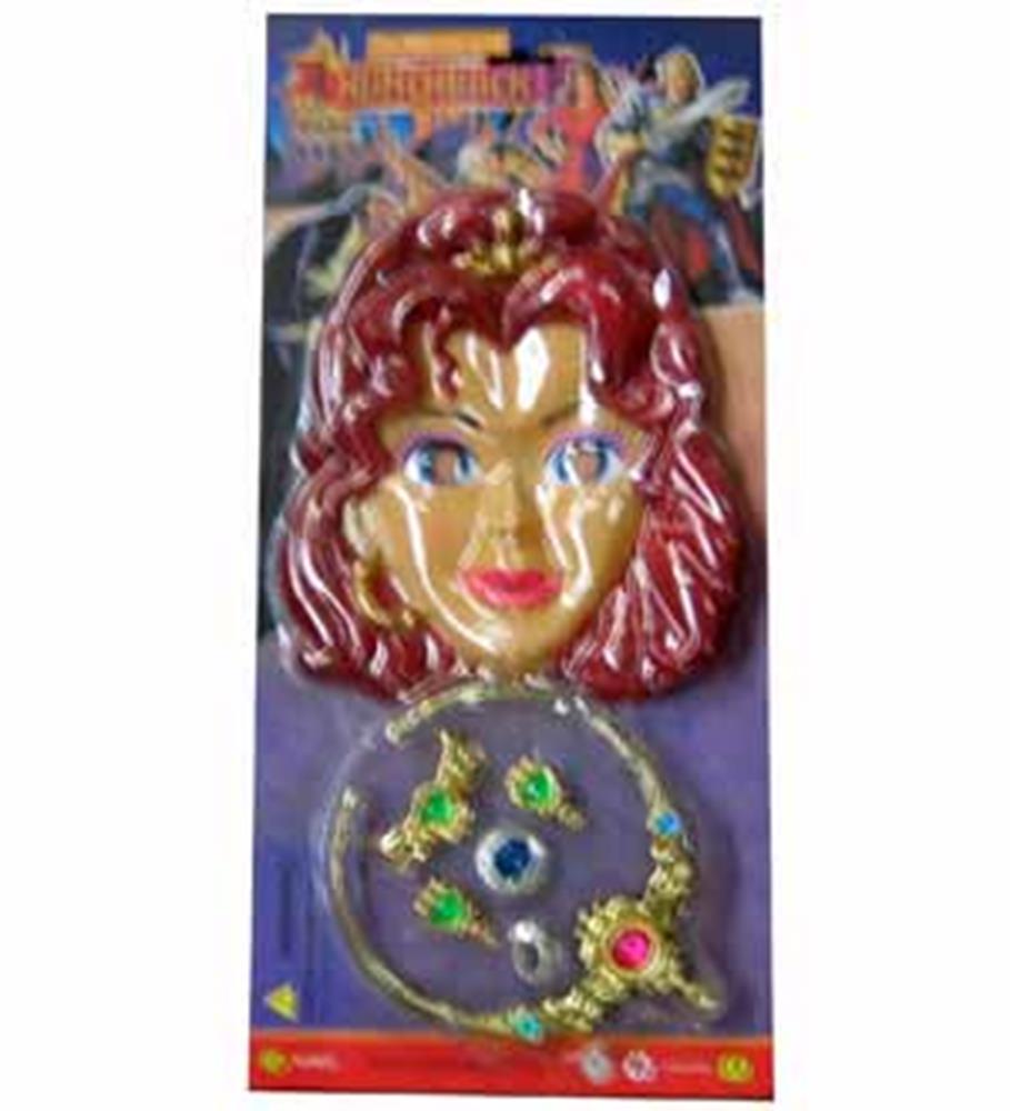 Red plastic hunchback mask with molded hair and attached jeweled necklace accessory on purple backing card.