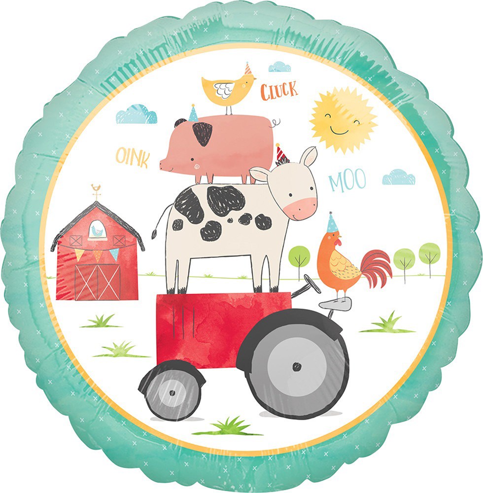 Round foil balloon with teal scalloped edge featuring a pig, cow, and chicken stack on a red tractor with farm-themed.