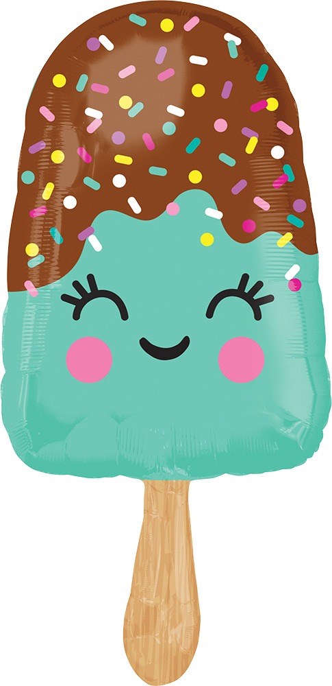 35-inch ice cream bar balloon with turquoise ice cream, chocolate dip, colorful sprinkles, and smiling face.