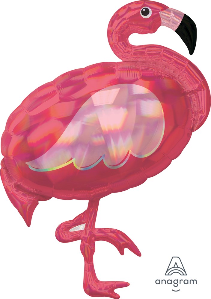 Iridescent pink foil balloon shaped like a flamingo with detailed wings and black-tipped beak.
