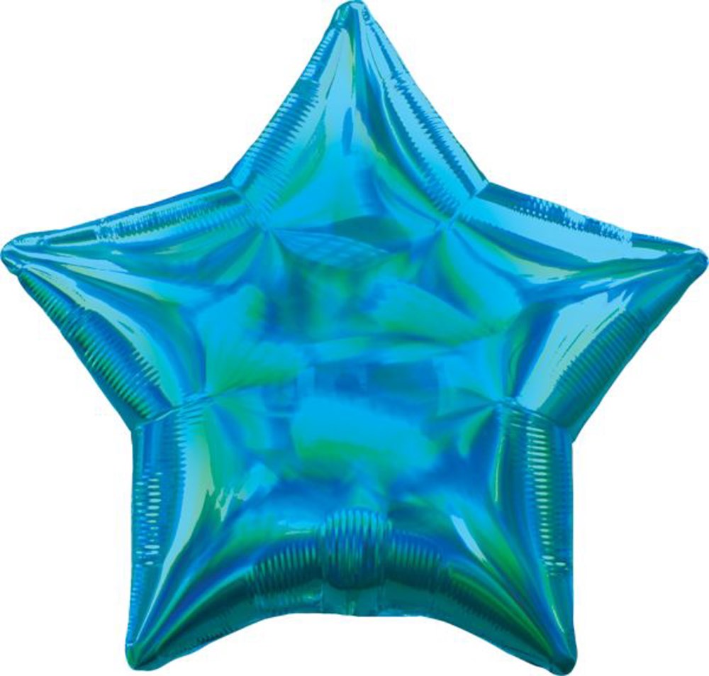 Iridescent blue star-shaped foil balloon, 19 inches wide, shiny metallic finish.