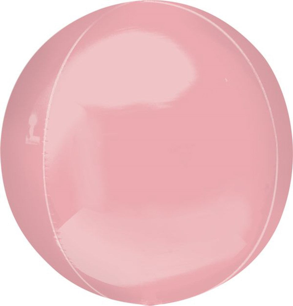Round pastel pink metallic foil balloon, shiny smooth surface, flat 16-inch diameter.