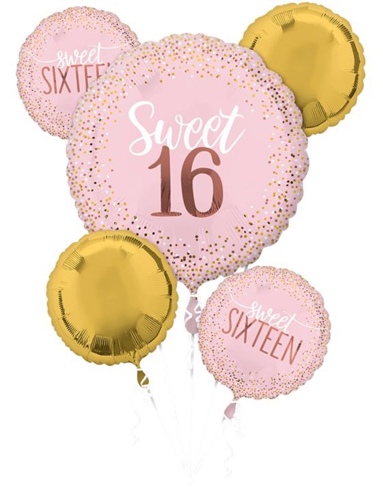 Pink and gold foil balloon bouquet with "Sweet 16" and "Sixteen" text, confetti design.