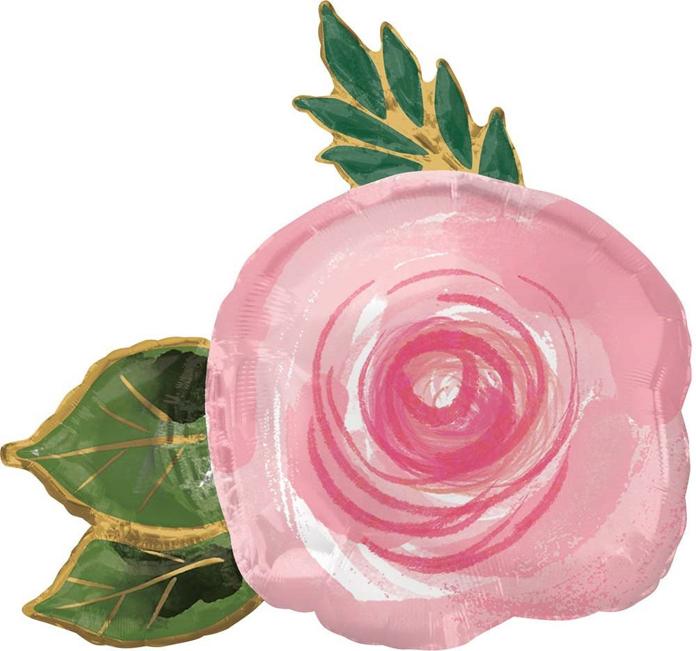 Pink foil balloon shaped like a blooming rose with green foil leaves attached.