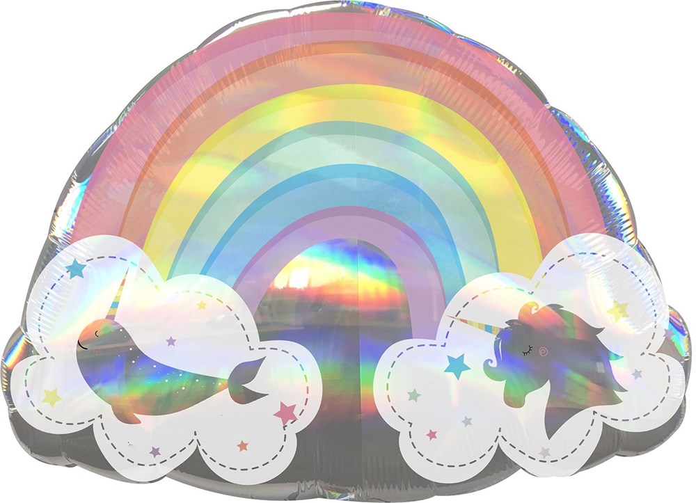 28-inch iridescent rainbow-shaped balloon with pastel arches and white cloud accents.