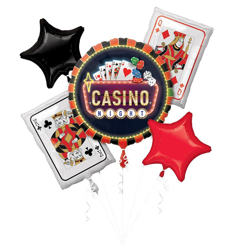 Casino-themed foil balloon bouquet with a round "Casino" sign, two playing card balloons, and black and red star-shaped.