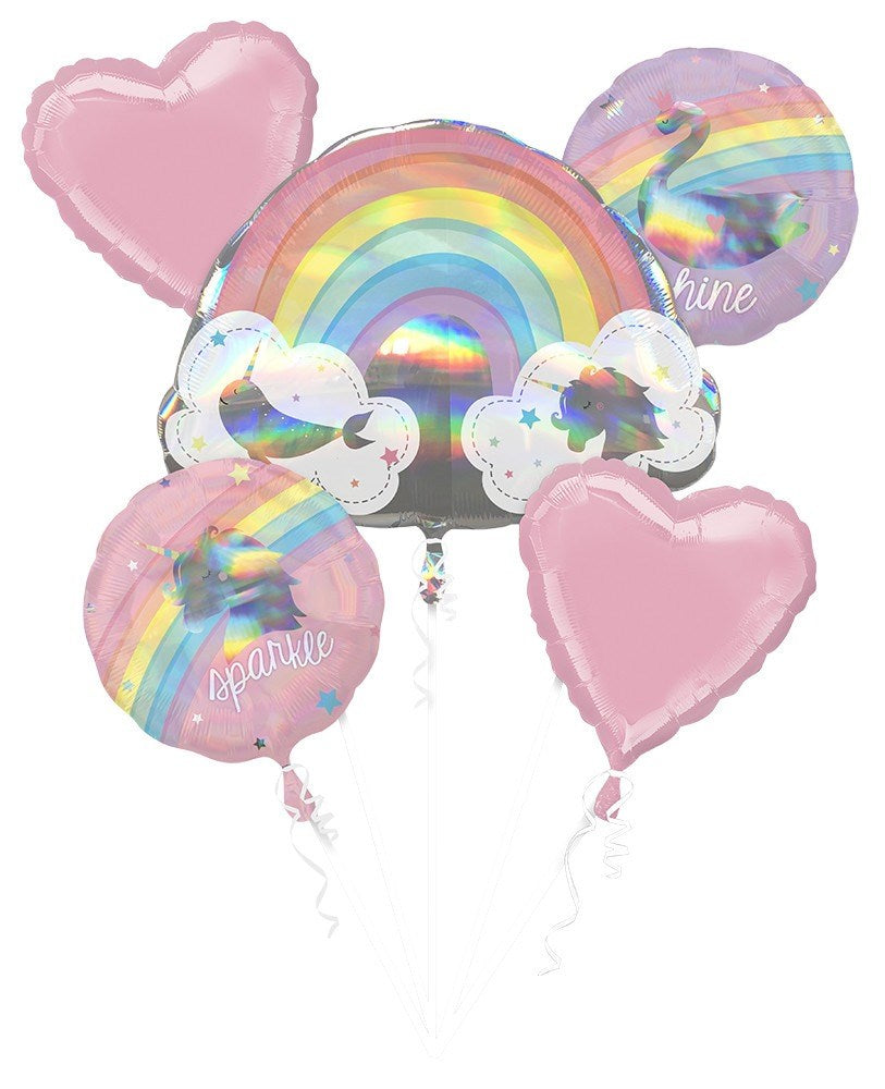 Helium balloon bouquet with metallic pink heart balloons, rainbow arch balloon, and round clouds and stars balloons in.