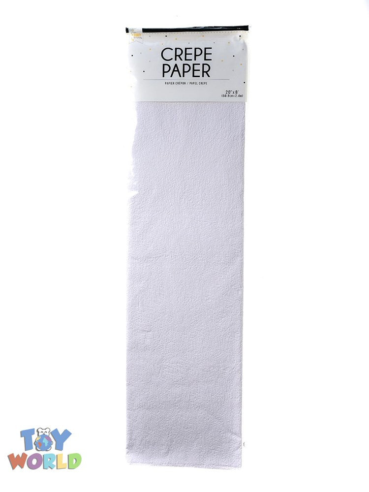 Roll of white crepe paper, 20 inches wide and 8 feet long, with a smooth, textured surface.