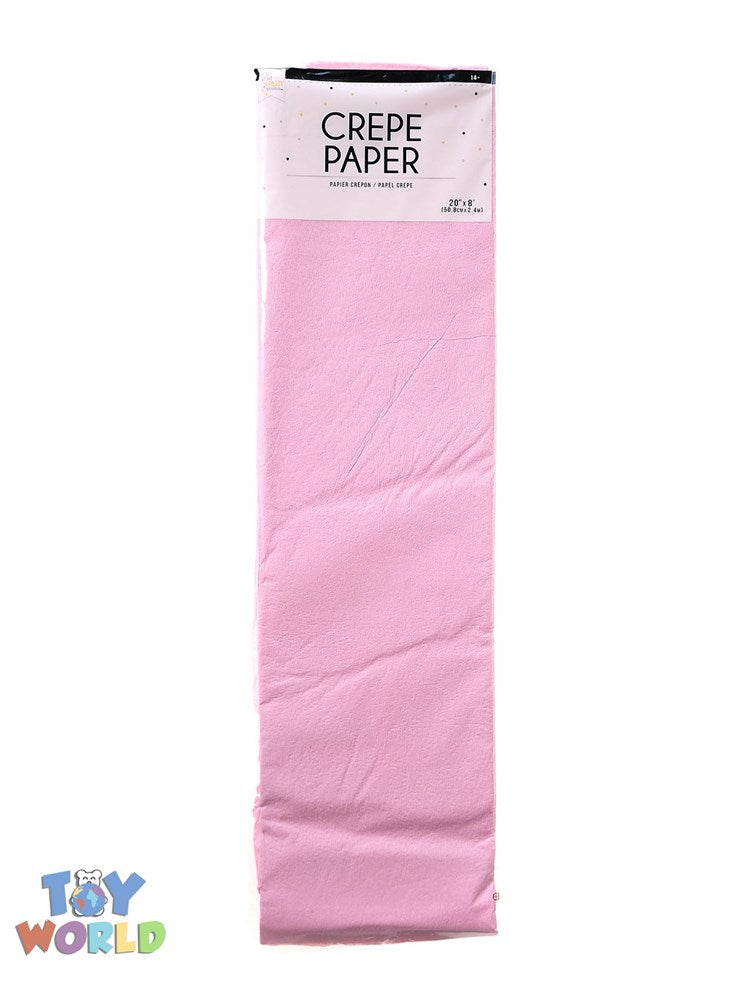 Roll of pink crepe paper with smooth texture, neatly folded and labeled for craft use.