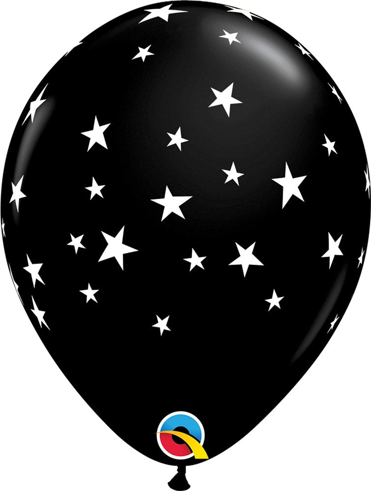 Black 11-inch latex balloon with white star patterns, smooth glossy finish.