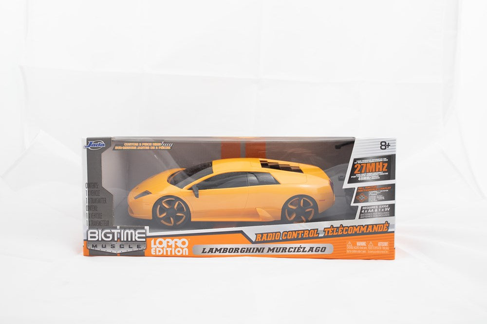 16 scale Lamborghini Murcielago LP640 remote control car in clear display box with black and gray accents.