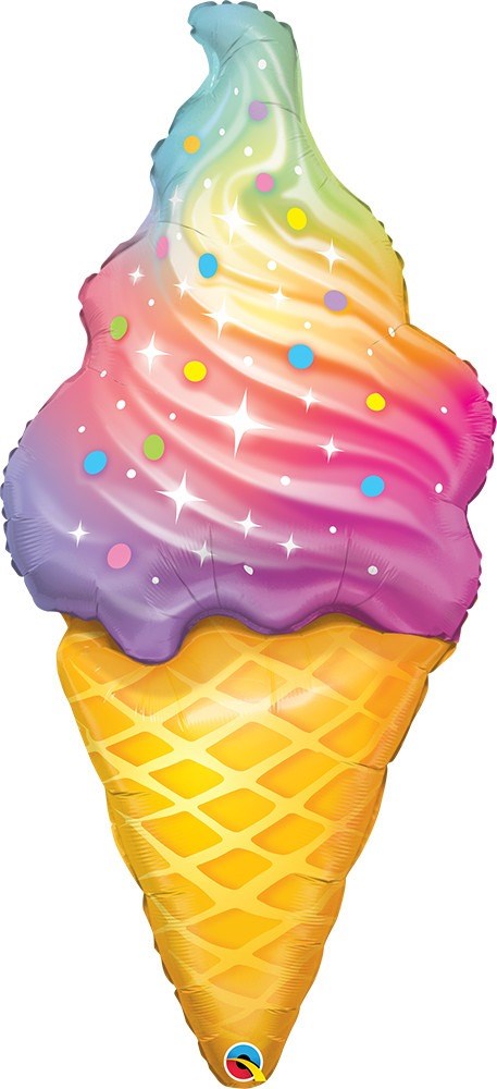 Colorful foil balloon shaped like an ice cream cone with swirled pastel rainbow soft serve and multicolored sprinkle dots.