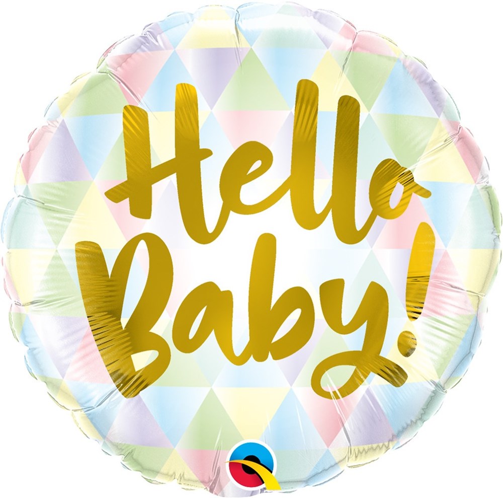 Round foil balloon with pastel geometric pattern and large gold "Hello Baby!" text.