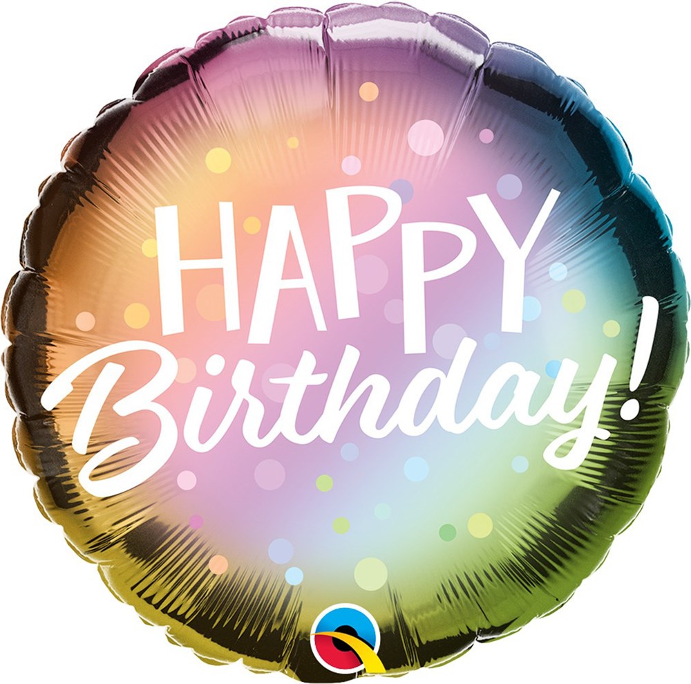 Round metallic foil balloon with an ombre rainbow background and white polka dots, featuring "Happy Birthday!" in white.